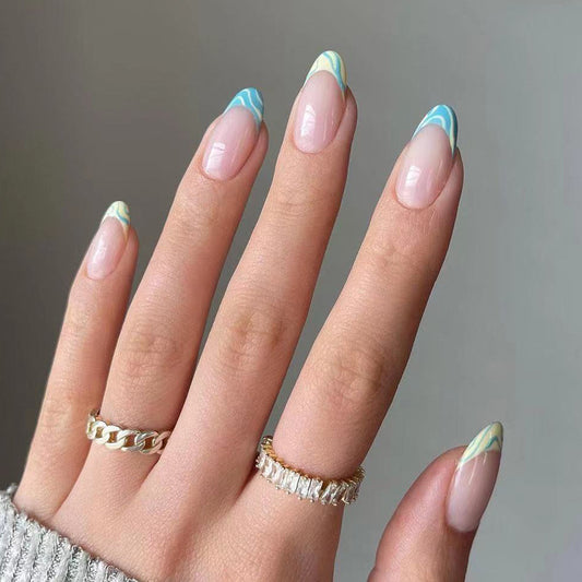 Sea and Beach Wave French Almond Fake Nails