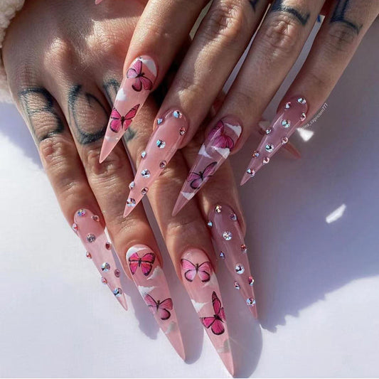 Butterfly Pink Diamond Stiletto Long Nails