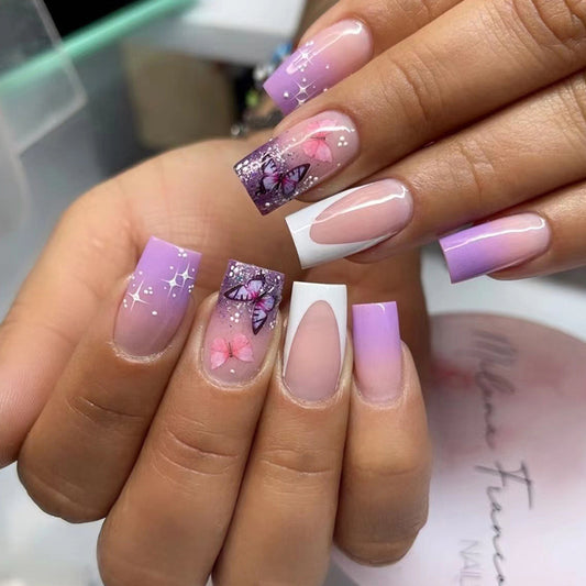 Mist Lilac Butterfly French Short Square Nail