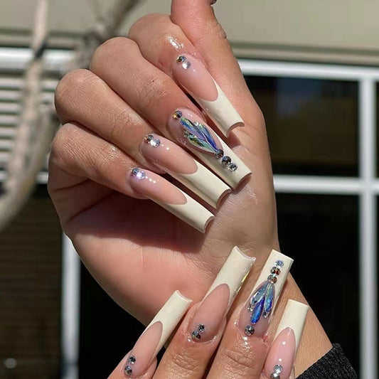 Cream French Long Nails with Diamond Charm