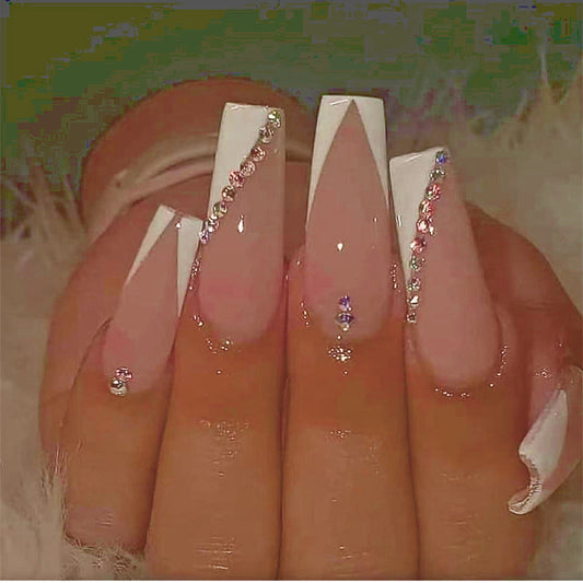 V French with Incline Diamonds Long Nail