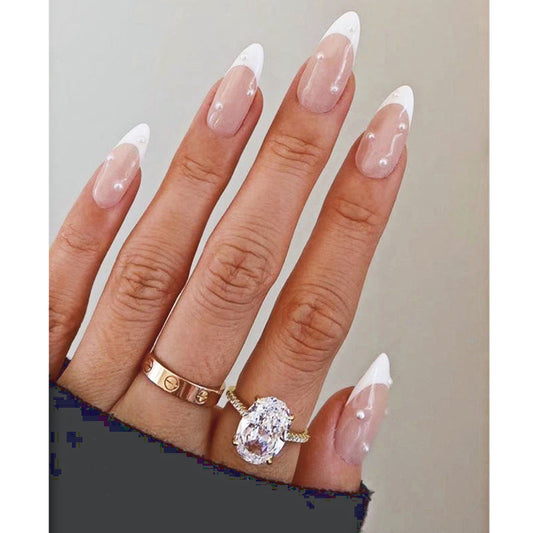 Kylie Jenner Style French Almond with Pearls Press on Nail