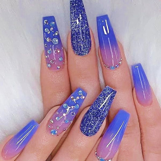 Cosmo - Long Blue Ombre Nails with Glitters and Diamond
